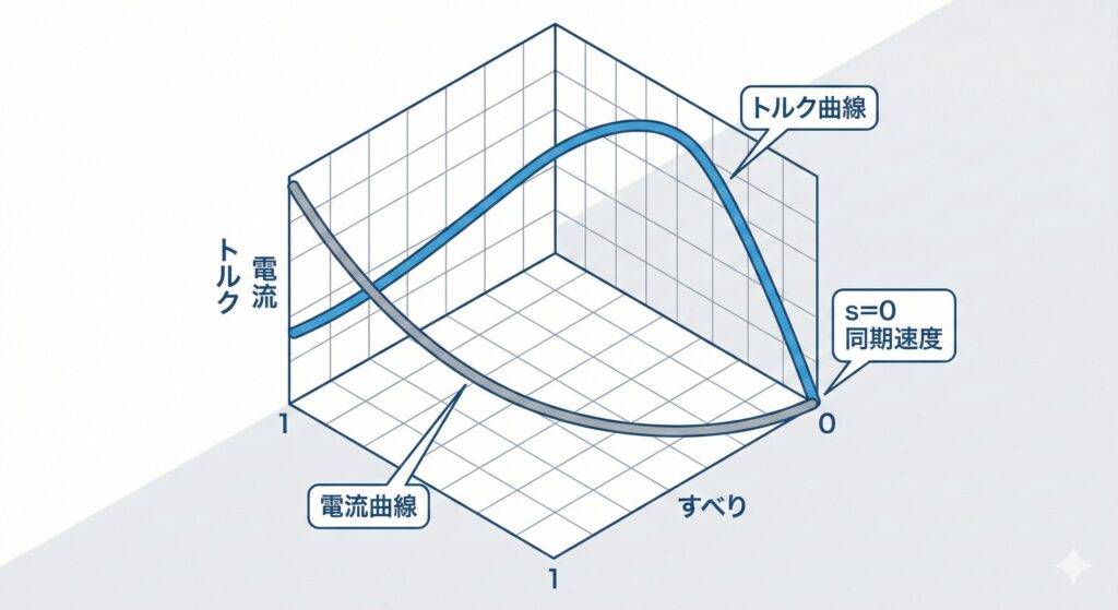 すべりとトルク・電流の関係を示すトルク・すべり特性曲線図
