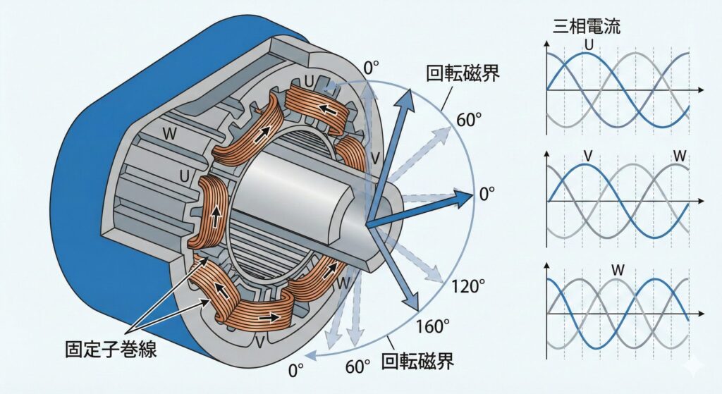 三相交流による回転磁界の生成プロセスと固定子構造の模式図
