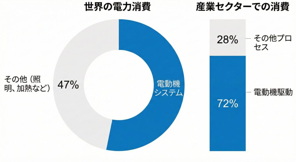 世界と産業セクターにおける電動機の電力消費シェアグラフ