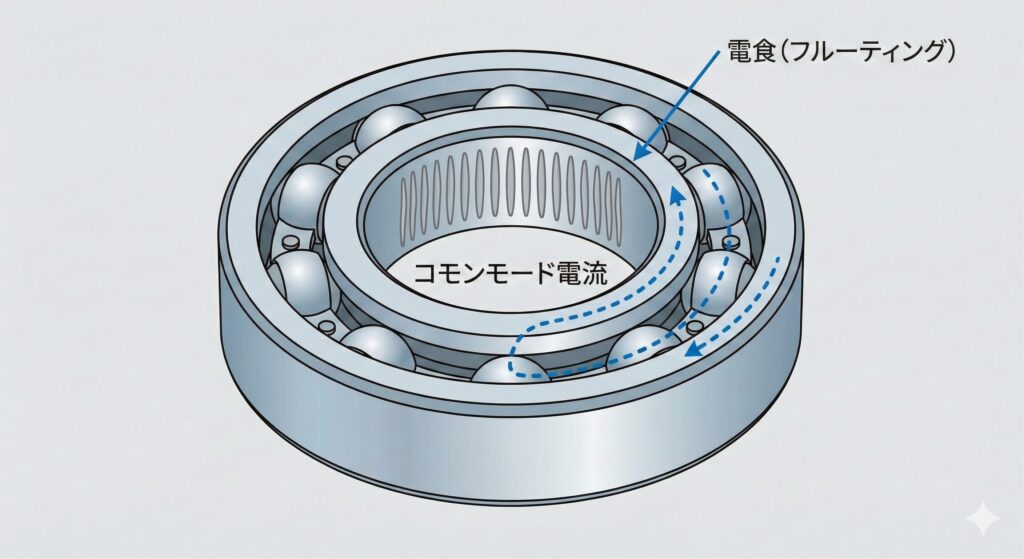 軸受に発生したフルーティング（電食痕）とコモンモード電圧による電流経路