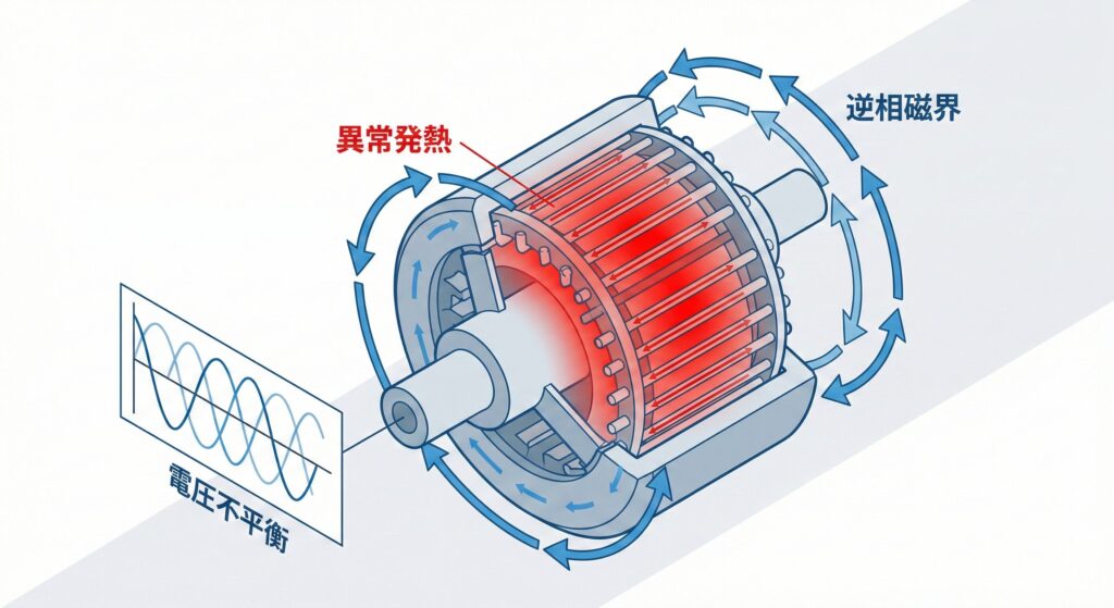 電圧不平衡による逆相電流の発生メカニズムとモータ発熱への影響を示す図